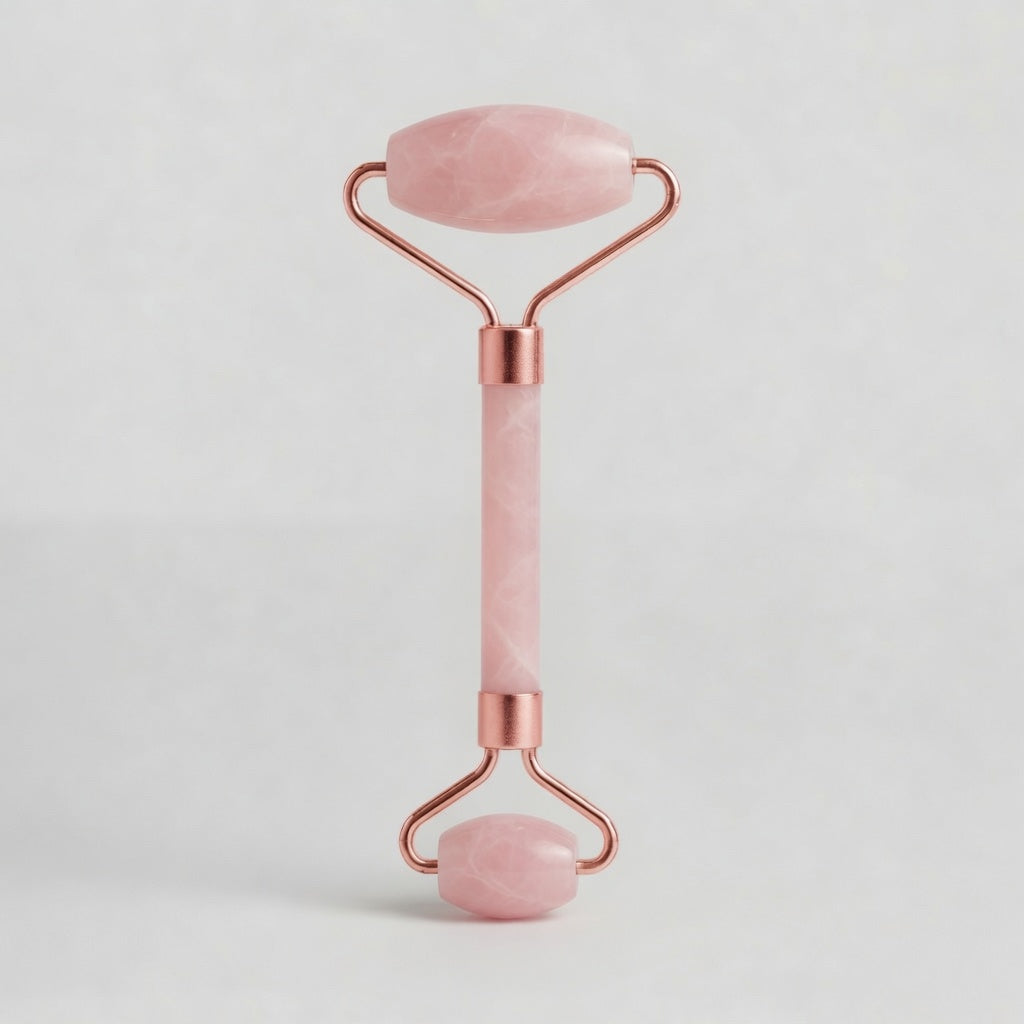 Masajeador de cuarzo rosa con doble rodillo